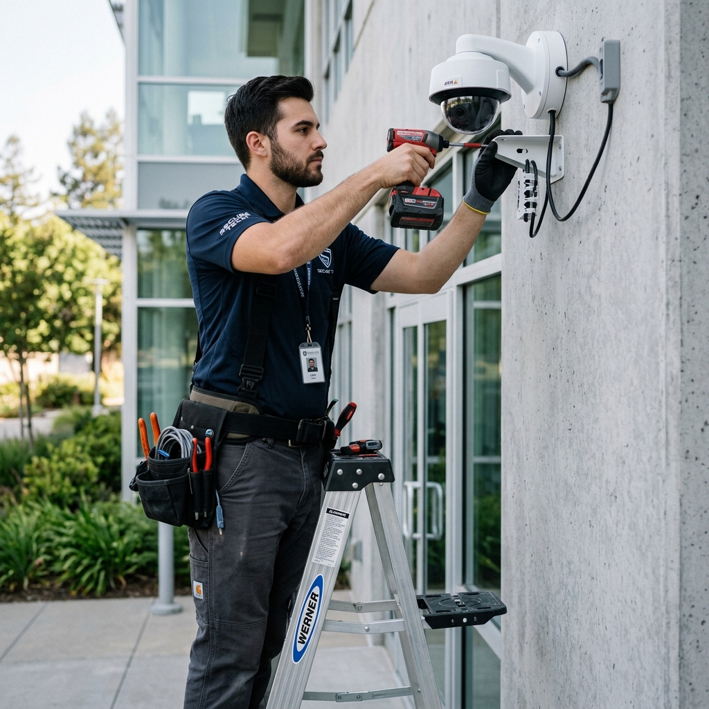Técnico instalando cámara de seguridad en pared